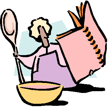 woman with a large mixing bowl, spoon and cookbook